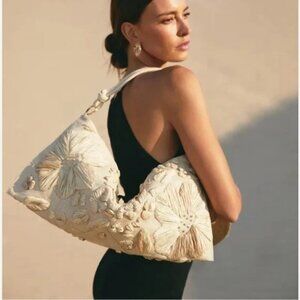 CULT GAIA Raffia Embroidered Large Hera Shoulder Bag in Natural Linen RRP398